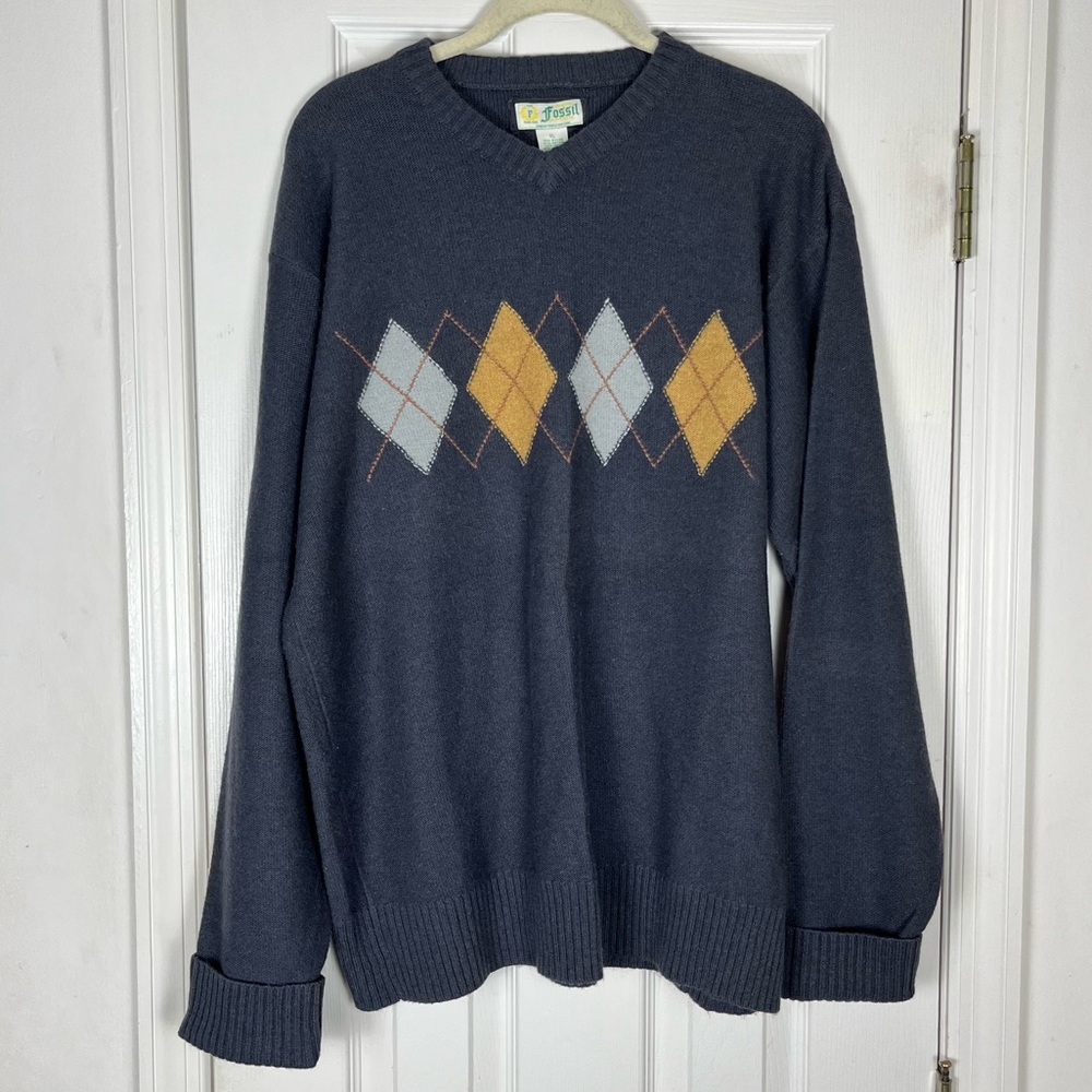 Vintage Fossil Wool Blend Diamond Argyle Pullover Sweater Men’s XL Preppy